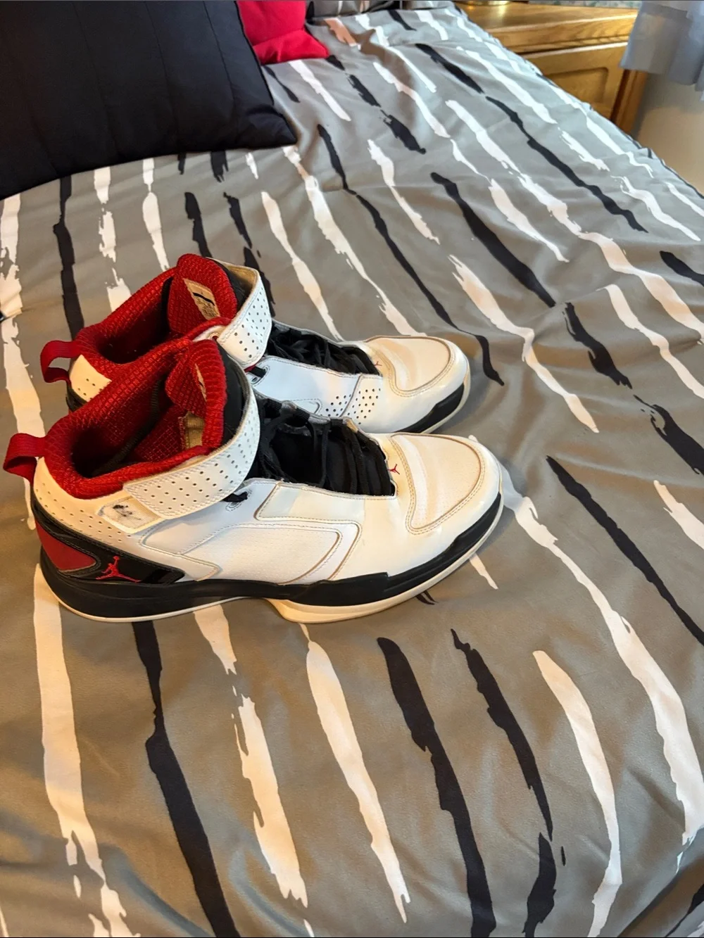 White and Red High-Top Basketball Shoes